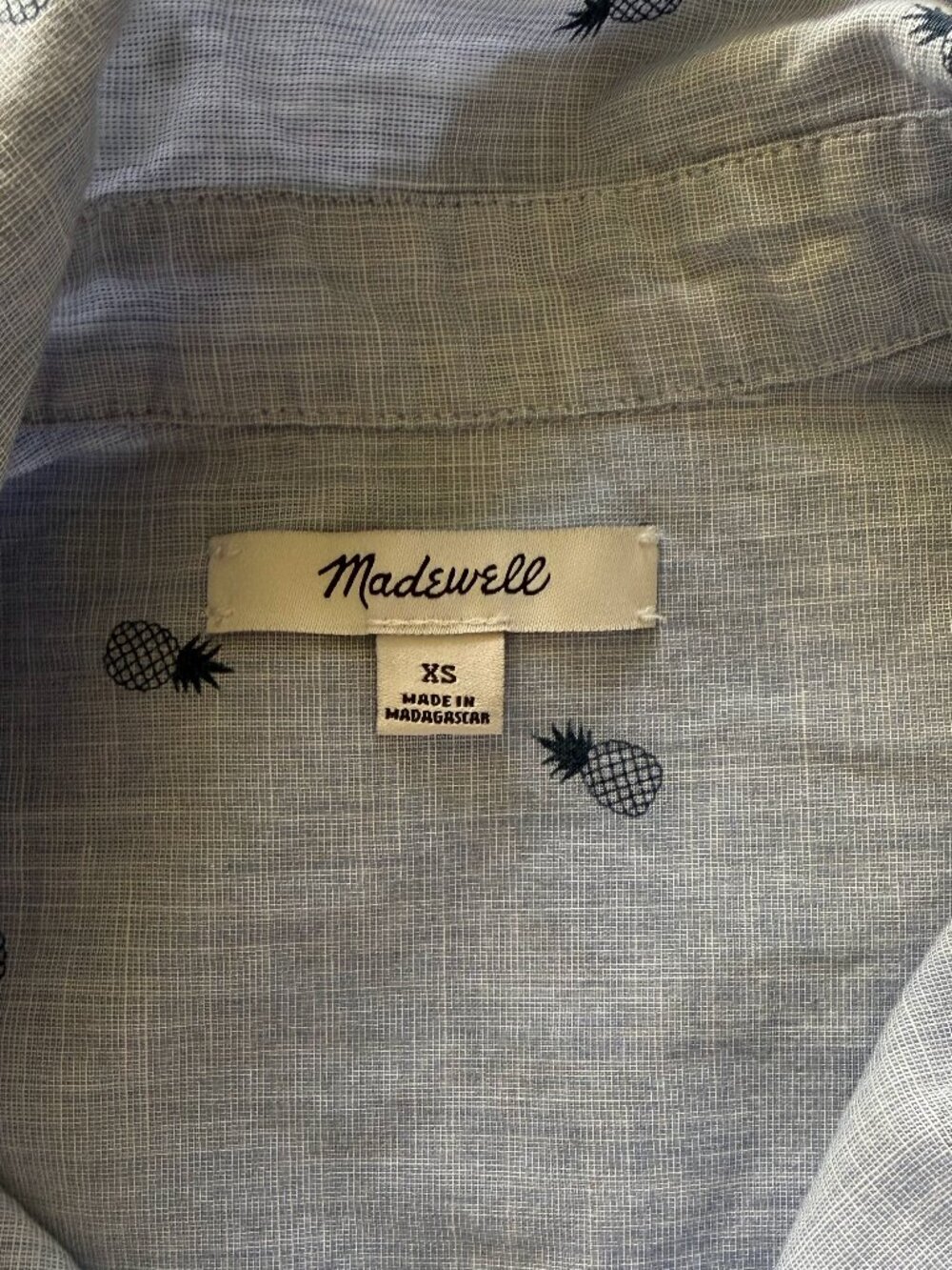 Madewell Shrunken Trapeze Shirt XS Blue Pineapple Print Button Down Tie Sleeve - Picture 7 of 9